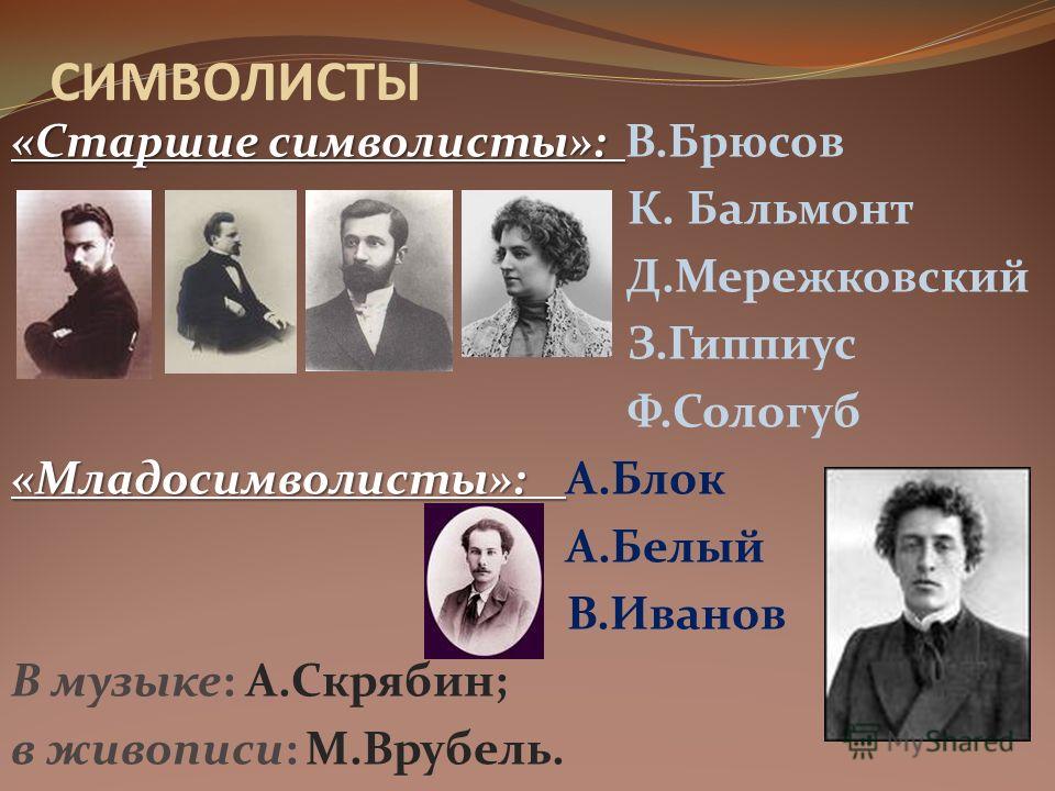 Писатели серебряного века. Поэты серебряного века Старшие символисты. Писатели символисты 20 века. Символисты серебряного века 20 века. Писатели символисты 19 века.