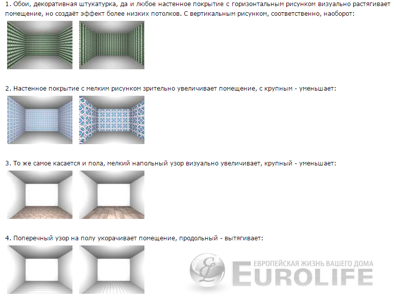 Какой рисунок на обоях зрительно увеличивает комнату
