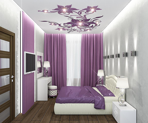 Сочетание белого и лилового цвета в оформлении спальни 10 м