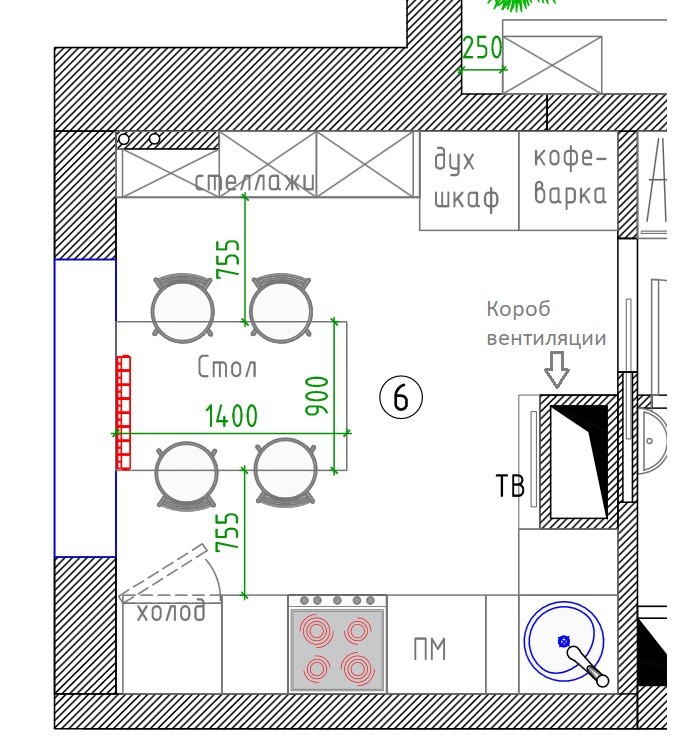Схема кухни с вентиляционным коробом в доме серии П 44