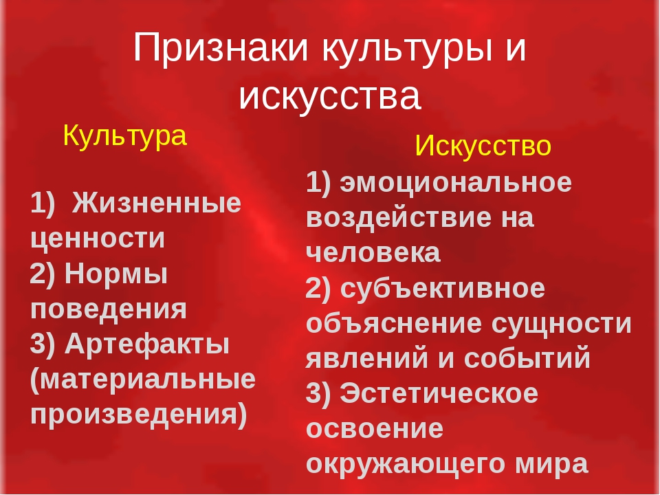 Искусство от других форм духовной деятельности отличает. Разница между культурой и искусством. Признаки культуры. Признаки культа. Различия культуры и искусства.