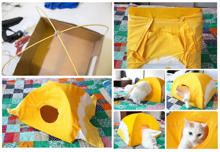 Две проволоки, сложенные дугой, картонная коробка и старая футболка — ещё одна легковыполнимая конструкция для милого котяры.
