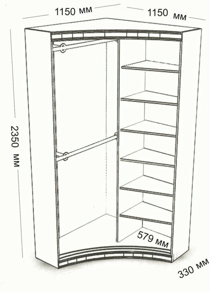 Угловой шкаф с размерами деталей
