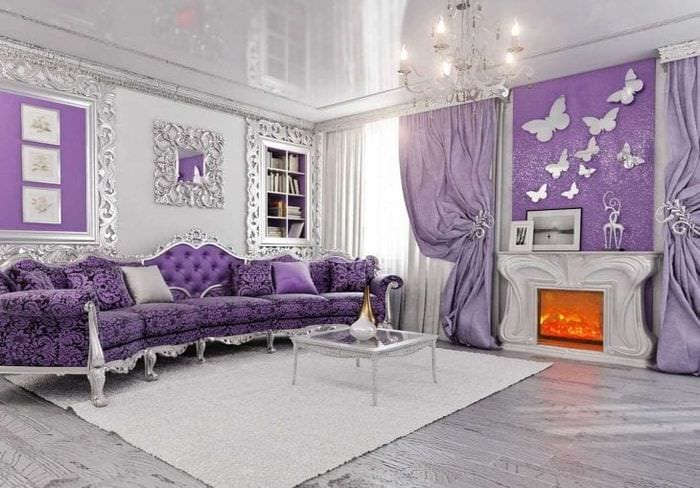 светлый фиолетовый диван в декоре спальни