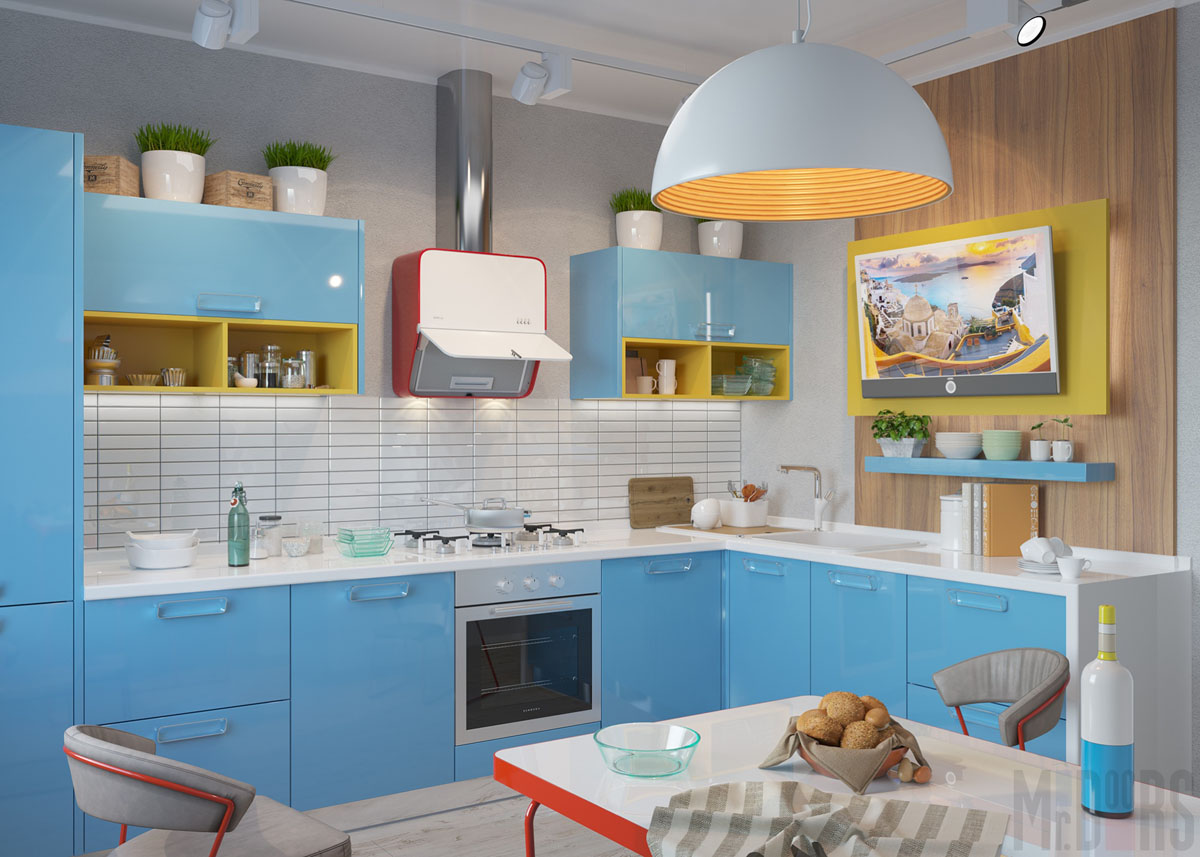 Кухня с голубыми фасадами и желтыми акцентами